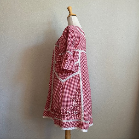 Free People Sunny Day Embroidered Red Gingham Shift Dress with Short Sleeves - Picture 5 of 11